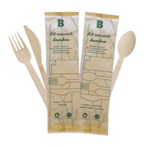 Couverts en Bambou - Kit 3 Pièces : Couteau, Fourchette et Serviette - Lot de 500