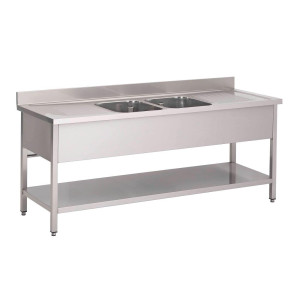 Plonge en Inox avec Étagère Basse 2 Bacs Au Centre - L 2000 x P 700 mm