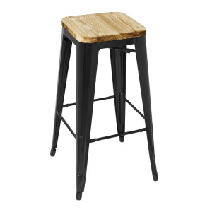 Tabouret Bistro Haut en Acier Noir avec Assise en Bois - Lot de 4