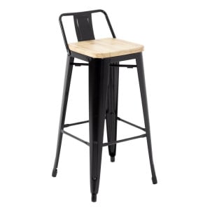 Tabourets Hauts avec Dossier et Assise en Bois – Noirs - Lot de 4