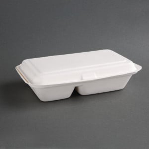 Boîtes 2 Compartiments avec Couvercle à Charnière Compostables Bagasse 253 mm - Lot de 200